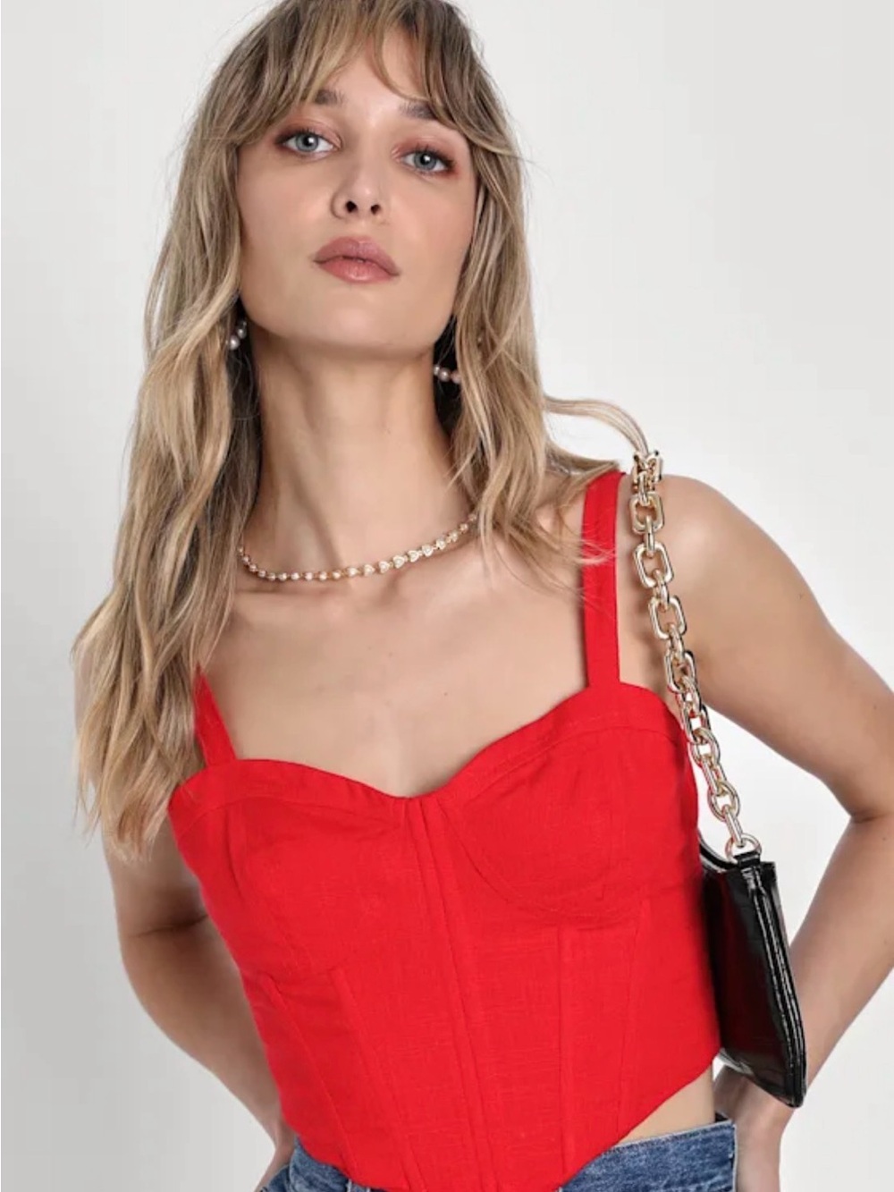 Lulu's Bright Red Bustier Linen Crop Top Sz Medium New With Tag